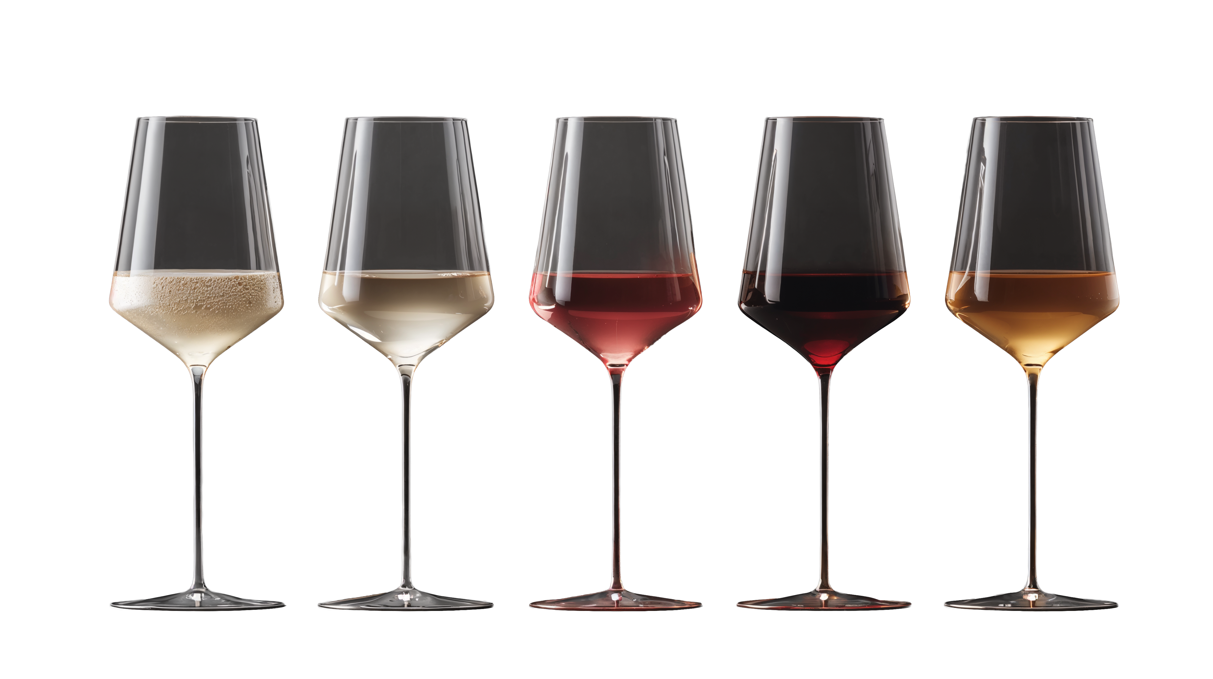 Sei calici di vino in fila, dal bianco al rosso, per la degustazione